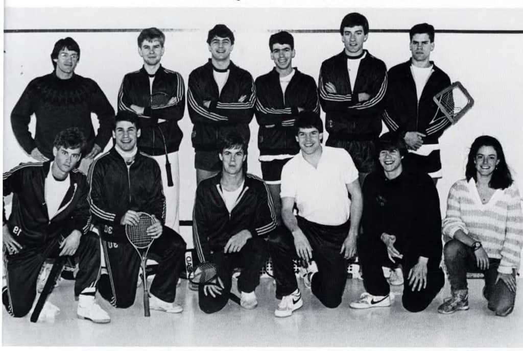 J.D. Cregan ’86 (in white shirt) with the Trinity men’s squash team in 1986.